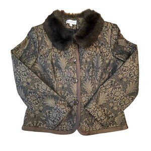 Womens Brown Brocade Jacket with Fur Collar